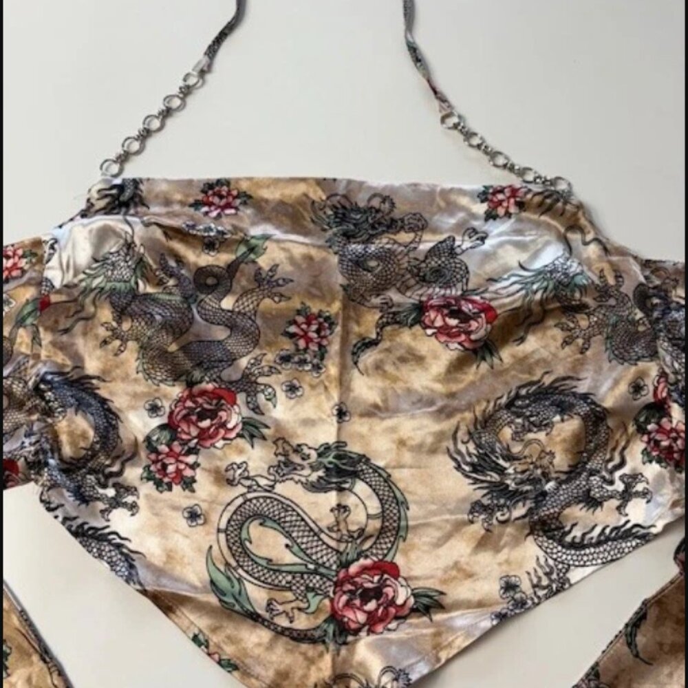 Gold Chinese Dragon Print Scarf/Halter Top Satin Chain never worn women size S